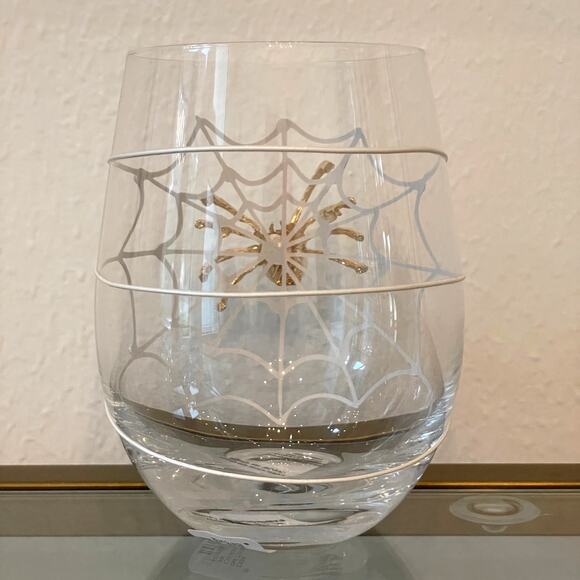 Janelle Patterson Art - Spider Stemless Glass Gorgeous Halloween Jeweled Spider on Web w/ Pearl Stemless Wine Glass Set of 2
